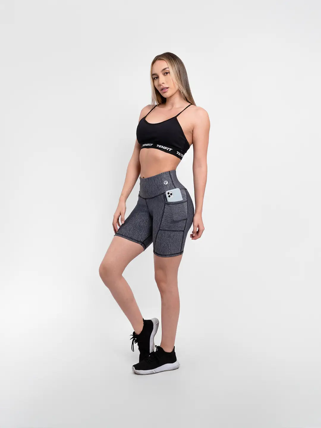 Short Deportivo de Mujer Media Pierna con Bolsillo Clásico – Gris Jaspe Oscuro